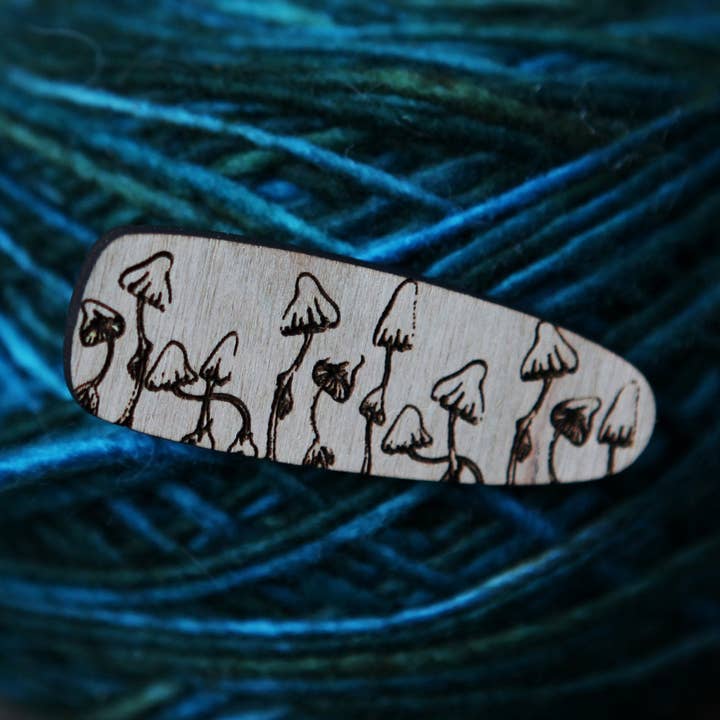 Engraved Cherry Wood Mushroom Clip for Yarn & Hair for wholesale by Sunrise Grove