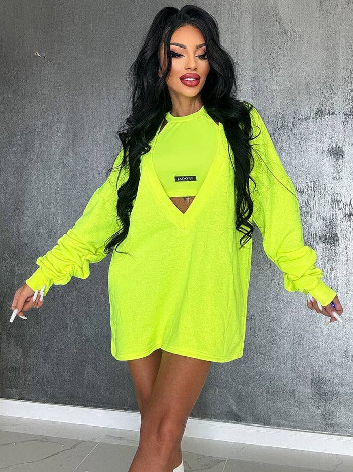 KAKI Completo due pezzi: mini abito e top smanicato a girocollo in tinta unita, vestibilità ampia in vendita all'ingrosso su Faire2