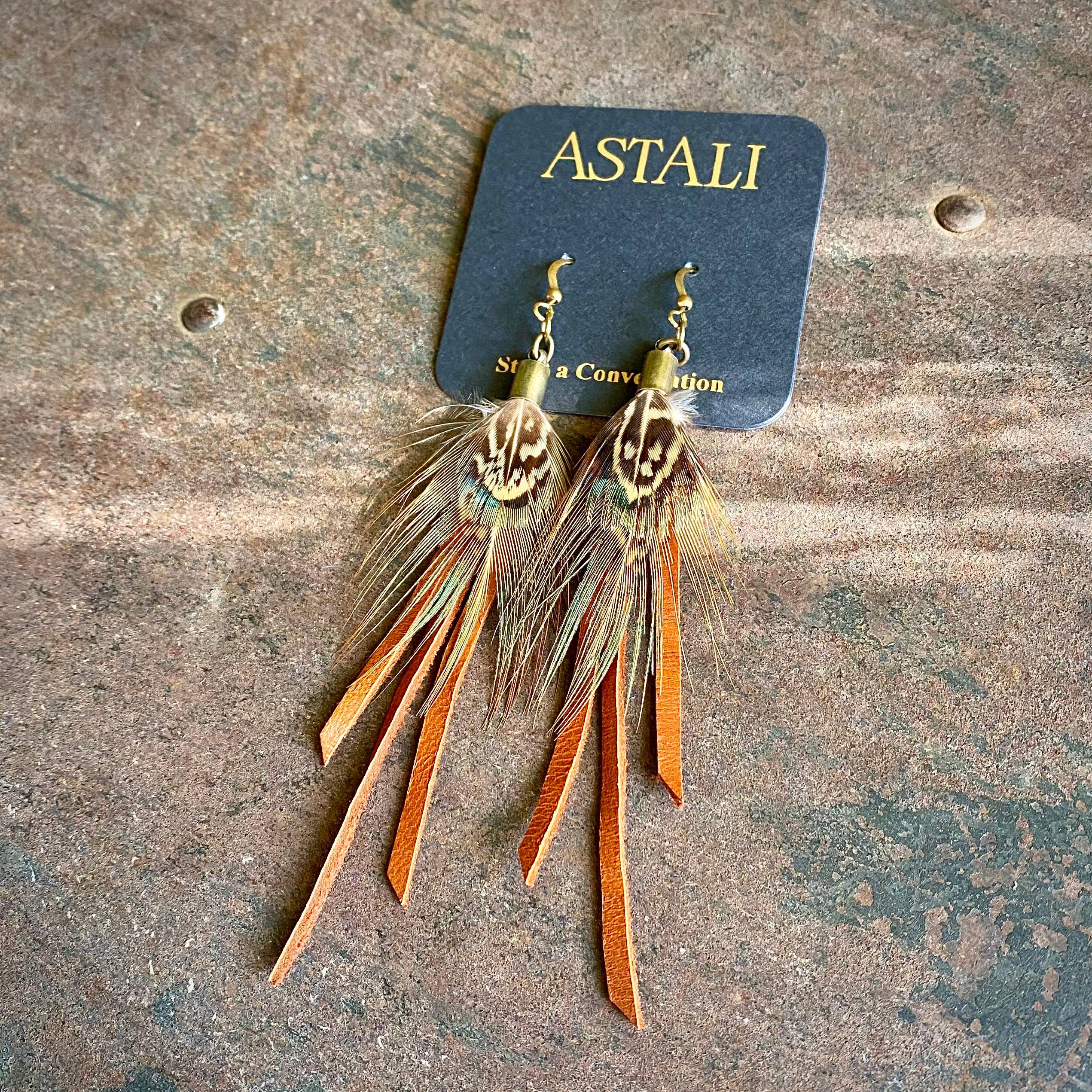 ASTALI – wholesale Tassel earrings – Feather Mini Earrings - Rust Leather & Pheasant Feathers1