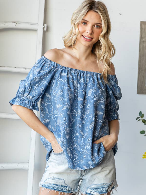 Blusa Floral con Hombros Descubiertos y Mangas Abullonadas con Volantes T5895 para venta al por mayor de 7th Ray