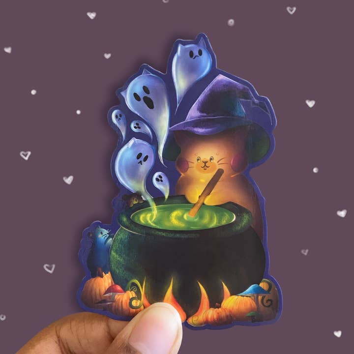 Halloween Witch Cat Cauldron Sticker | Spooky Season for wholesale by MoonKittyCo