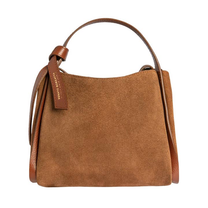 RB1035BI | Dames Handtas ALICE in Echt Italiaans Suède. Accessoires in Glanzend Goud Metaal. Kleur Kastanje. Afmetingen: cm 26 x 20 x 15 + 12 (Handvat hoogte) voor wholesale door Kaili mood / RENATO BORZATTA - Italy since 1978 -