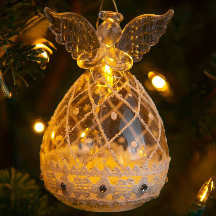 Light Up Angel Ornament w/ Snow Swirls for wholesale by GeoCentral