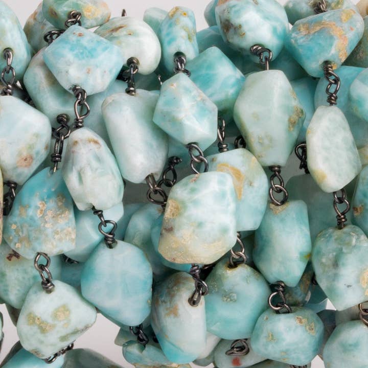 The Bead Traders - Wholesale Beads - 11x10mm Larimar Faceted Nugget Black Gold Chain 22 beads