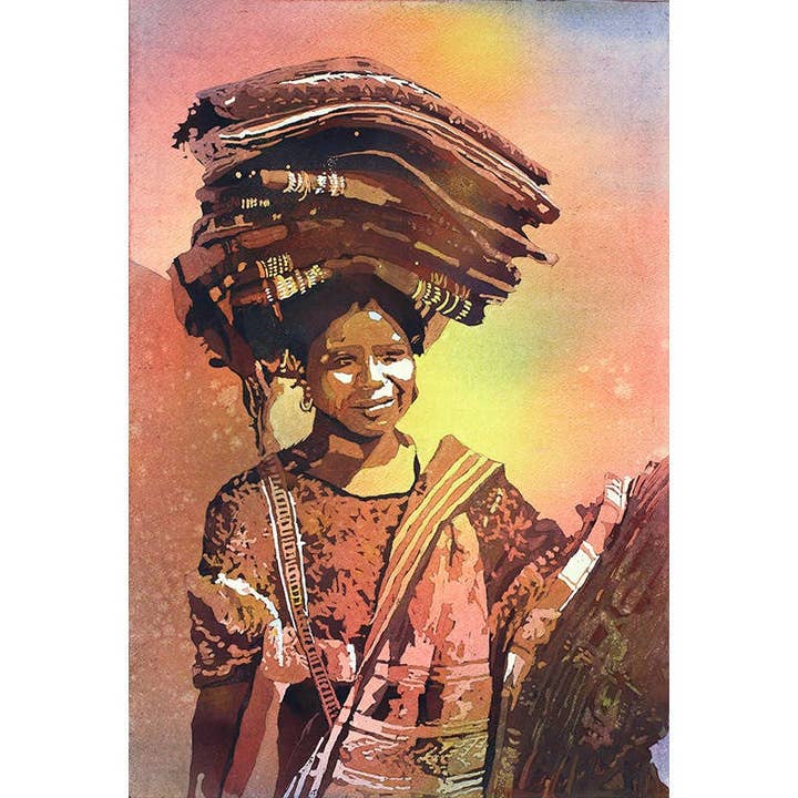 Donna ad Antigua- Guatemala. Stampa ad acquerello colorata, donna, arte del Guatemala, arte per casa, giclée colorata, donna sorridente, arte del Guatemala per la vendita all'ingrosso da parte di Ryan Fox Fine Art