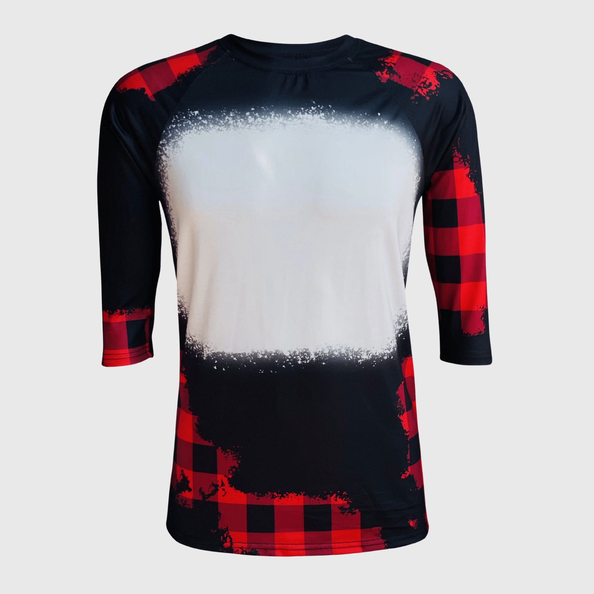 ILTEX Apparel - Wholesale Sublimation Blank T-Shirt - Women's - Buffalo Plaid Black Red Raglan Blank Faux Bleached Top2