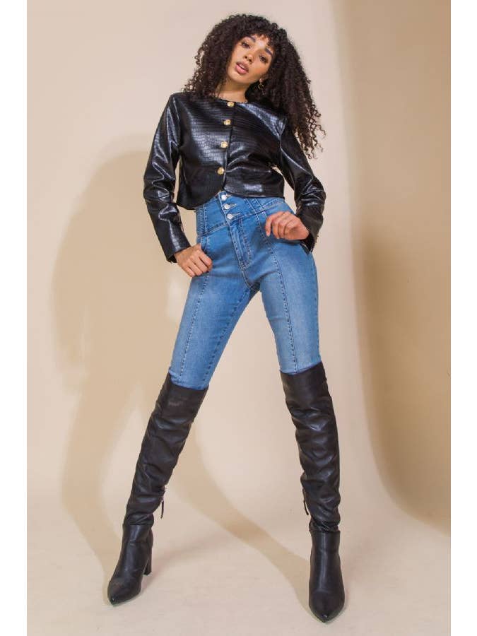 BLACK A textured faux leather bolero jacket-IJ10135 for wholesale on Faire