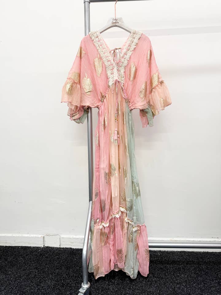 Lucy Sparks - Wholesale Dress - Women's - GOLDEN FOIL PRINT AND STRIPES FLARED MAXI DRESSÂ