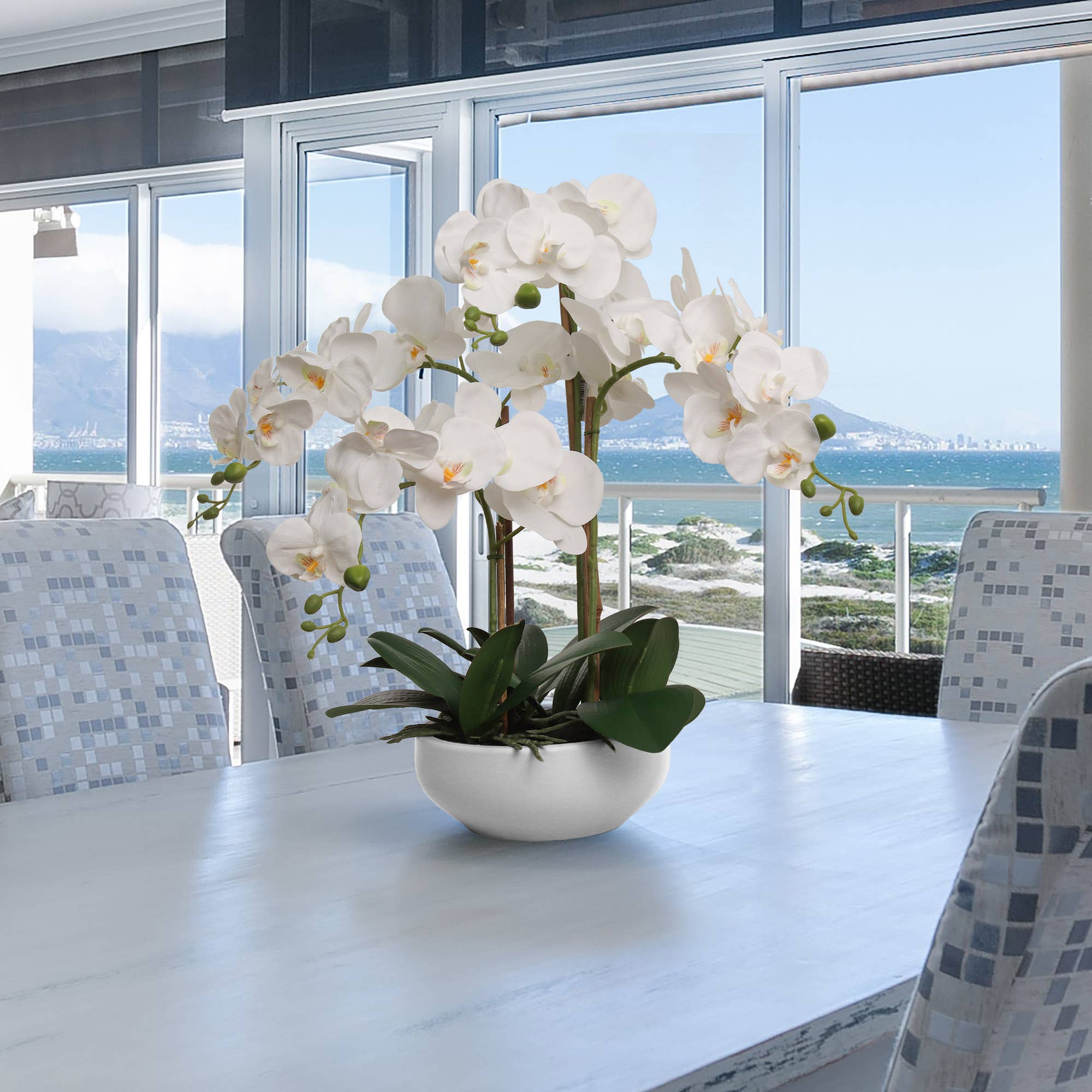 Larksilk – wholesale Artificial flowers – 20" White Phalaenopsis Orchid Flowers In 8" Round White Pot3