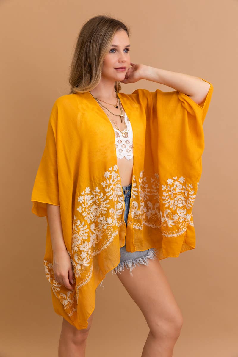 Leto Accessories - Vente Kimono – femme - Kimono brodé floral style bohème chic avec détails en points et pompons 🌼14