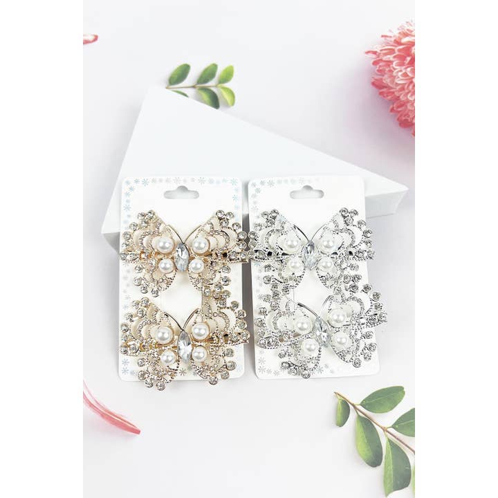 2PCS PEARL AND RHINESTONE BUTTERFLY HAIR CLIP SET for wholesale by JHP Collection