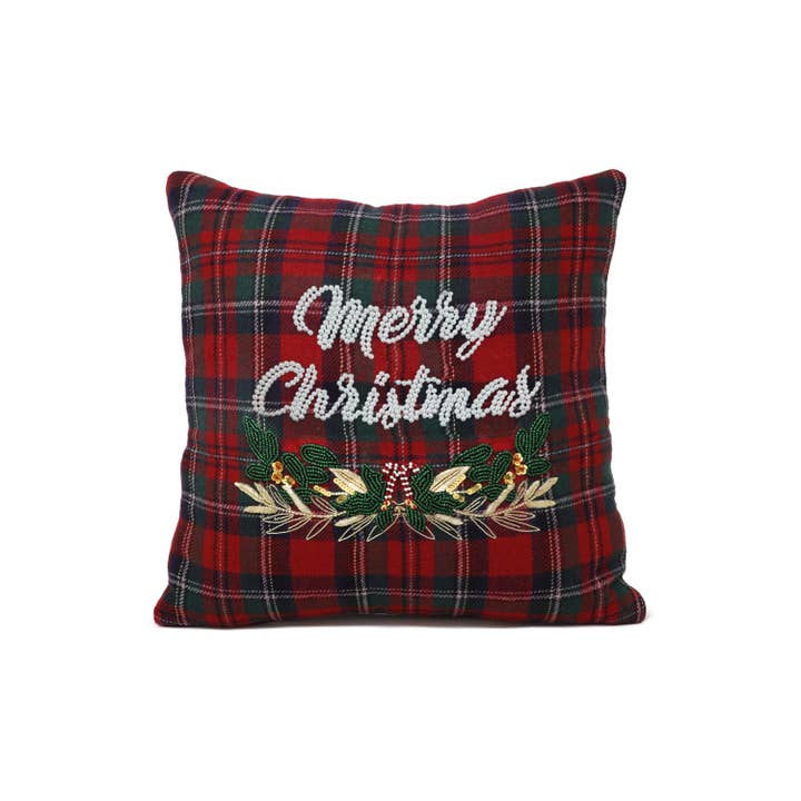 Merry Christmas Pillow Cover In Plaid for wholesale by Amore Beauté