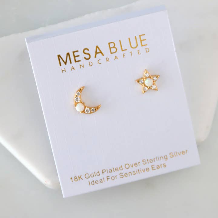 Brincos de Estrela e Lua de Opala - Hipoalergénicos por atacado de Mesa Blue