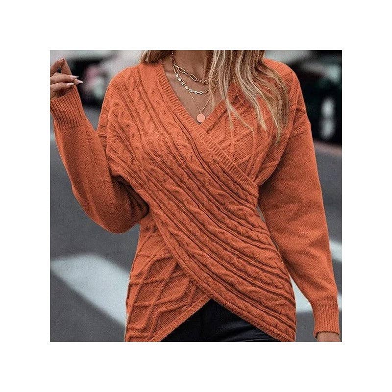 UZ Wholesale Store – wholesale Pullovertröja - Dam – Enfärgad V-ringad korslagd jacquard smal casual tröja6