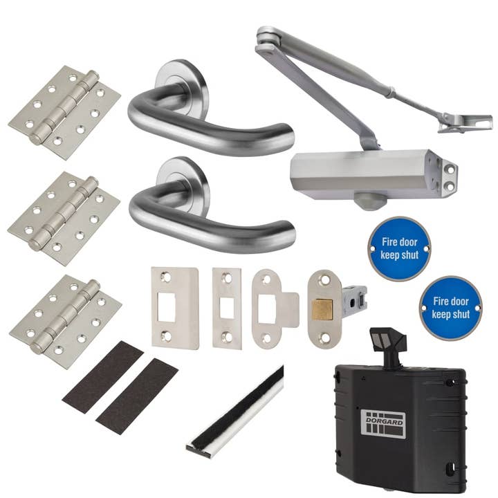 Light Duty Lever Door Handle on Rose Fire Door Kit & Dorgard Holder - Power Size 3 - Latch - Silver for wholesale by Diybasket