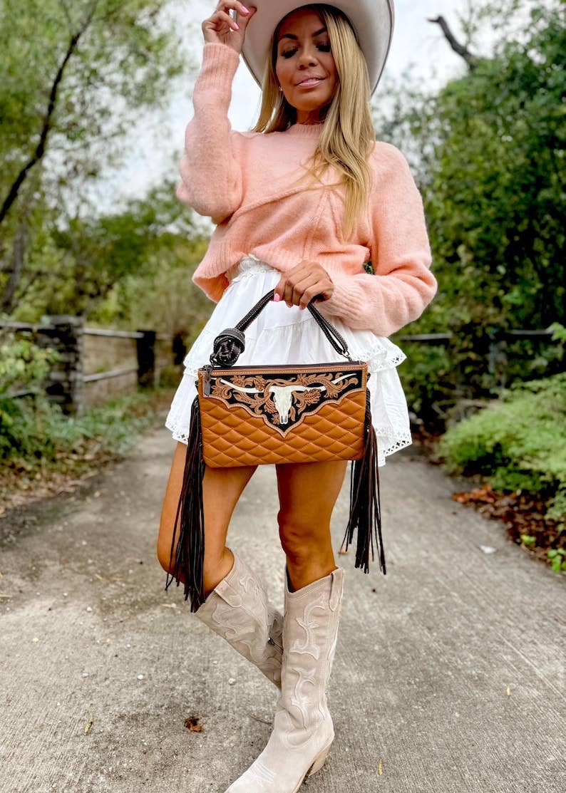 Boho Ranch Shop - Wholesale Crossbody Bag - Women's - LAINEY CROSSBODY steer longhorn -quilted leather purse bag2