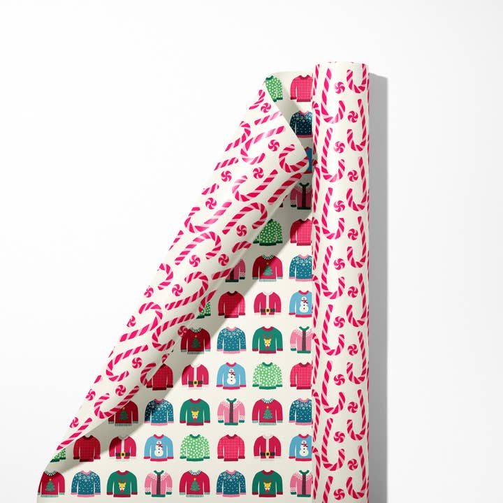 Sweaters & Candy Canes Double Sided Wrapping Paper for wholesale by Happy People Paper Goods