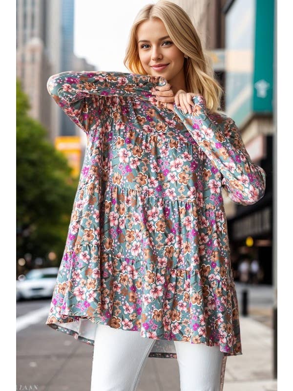DUSTY TEAL ET7001-12 LONG SLEEVE FLORAL PRINT TIRED TOP for wholesale on Faire