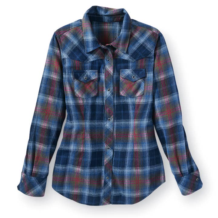 Back in the Saddle - Wholesale Shirt - Women's - Midnight Plaid Flannel Western Shirt2