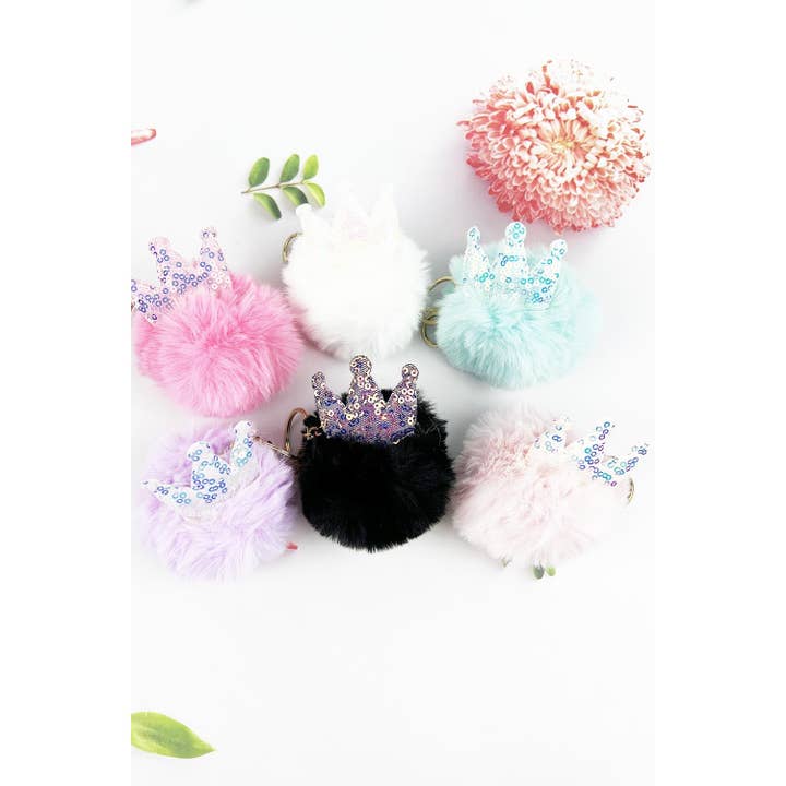 ASSORTED VARIETY COLOR CROWN POMPOM KEYCHAIN for wholesale on Faire