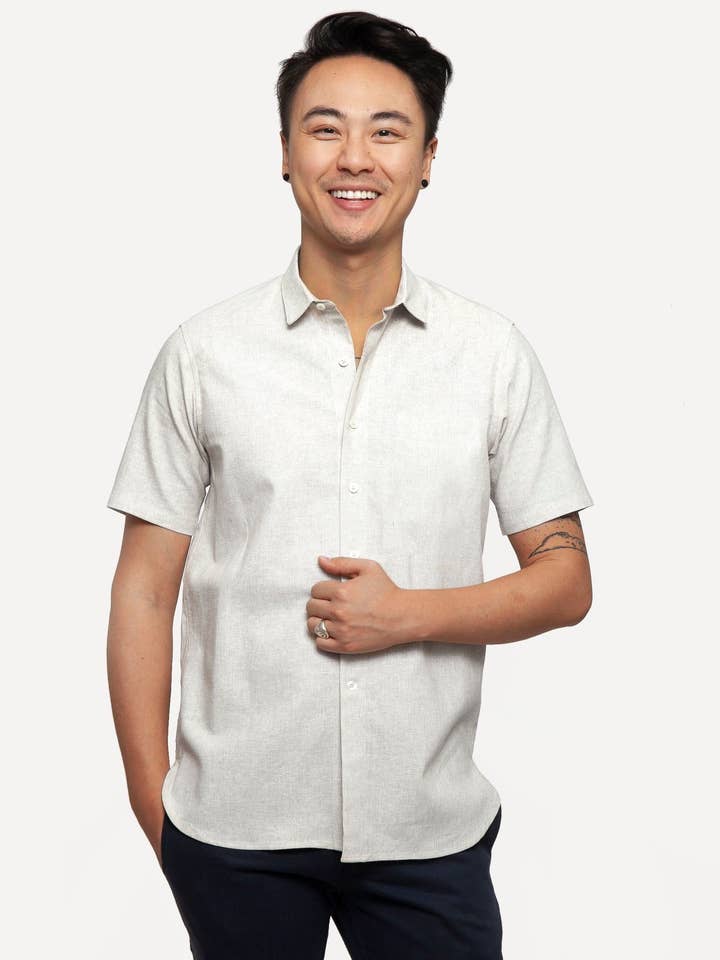 Short Sleeve Dylan Shirt | White Linen Hatches for wholesale by 18 Waits