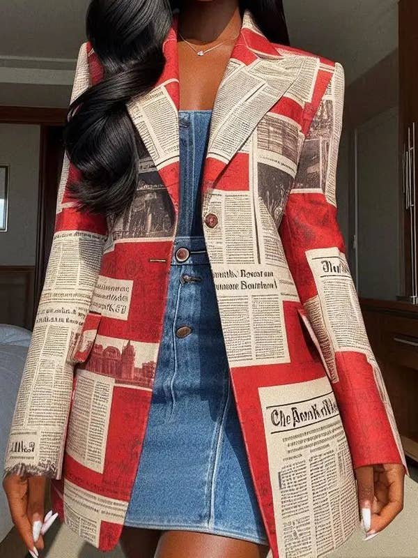 RED WHITE Long Sleeves Jacket Loose Buttoned Newspaper Print Pockets Split-Joint Notched Collar Blazer Outerwear for wholesale on Faire0