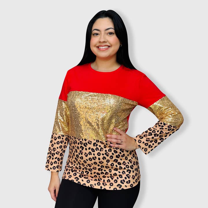 Color Block Red Cheetah Gold Sequin Top for wholesale by ILTEX Apparel