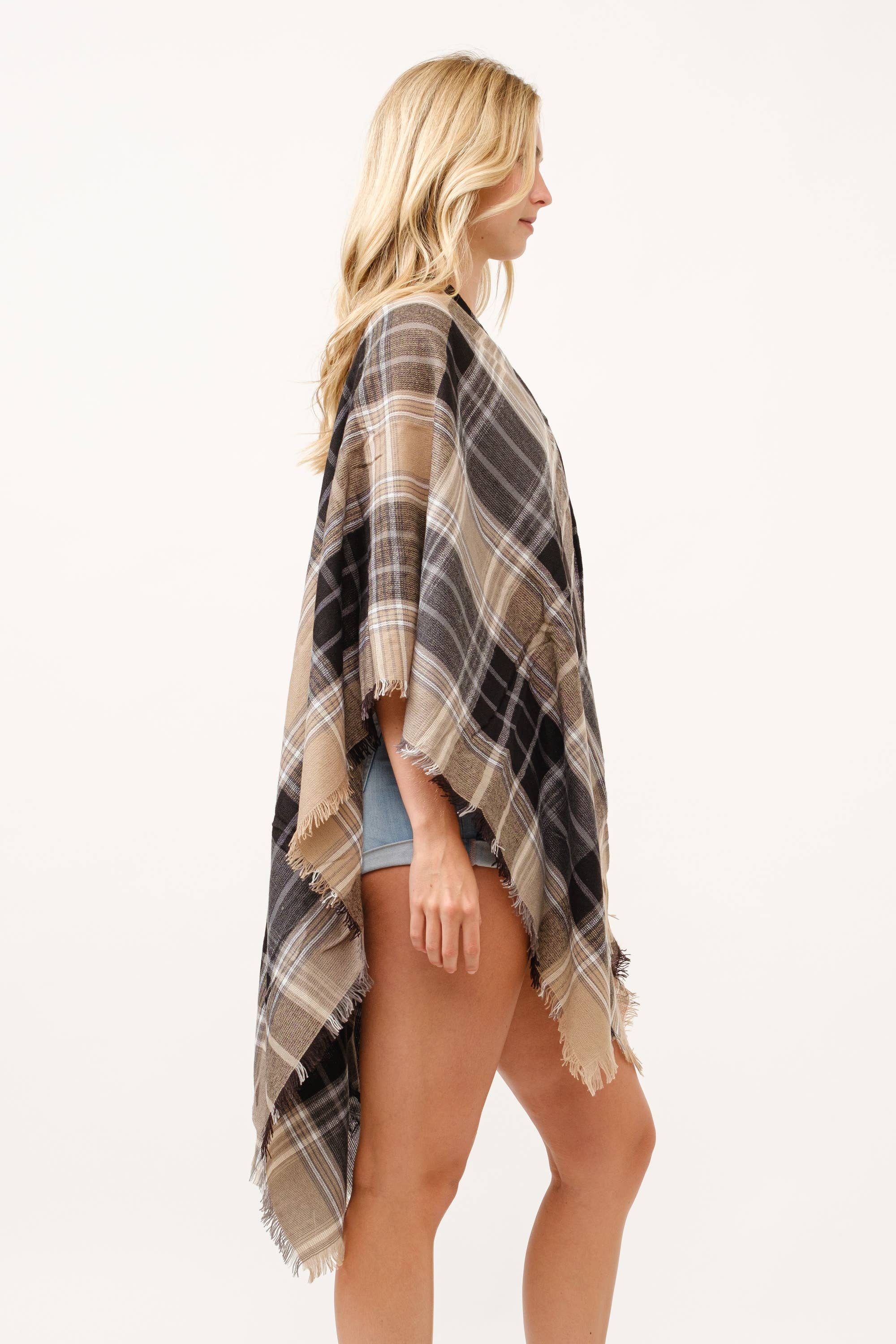Raj Trading & Imports (USA) Inc. - Wholesale Kimono - Women's - Autumn Plaid Fringe Poncho Kimono Ruana9