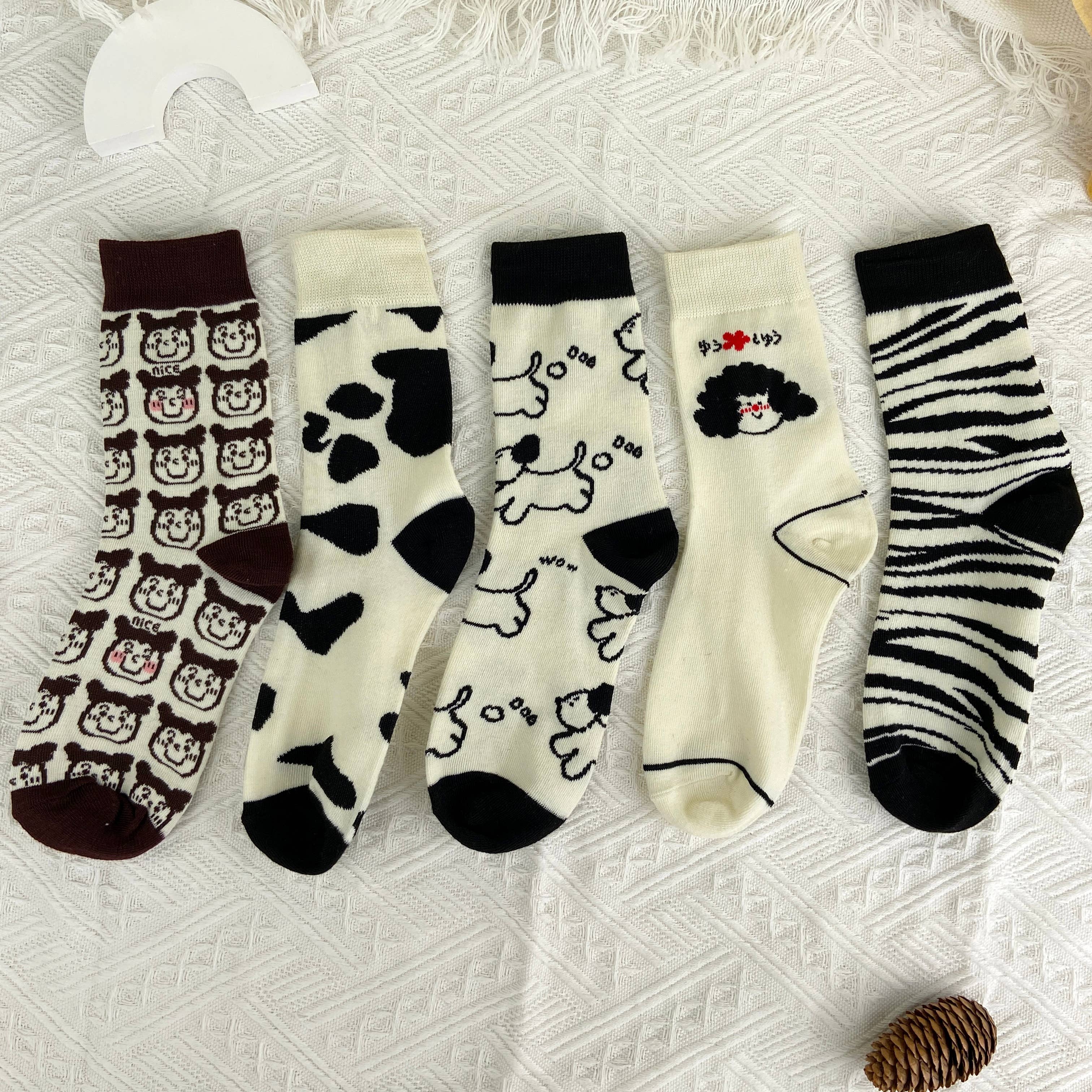 mildstyles - Wholesale Socks - Women's - Black and white cartoon mid-calf cute trendy socks6