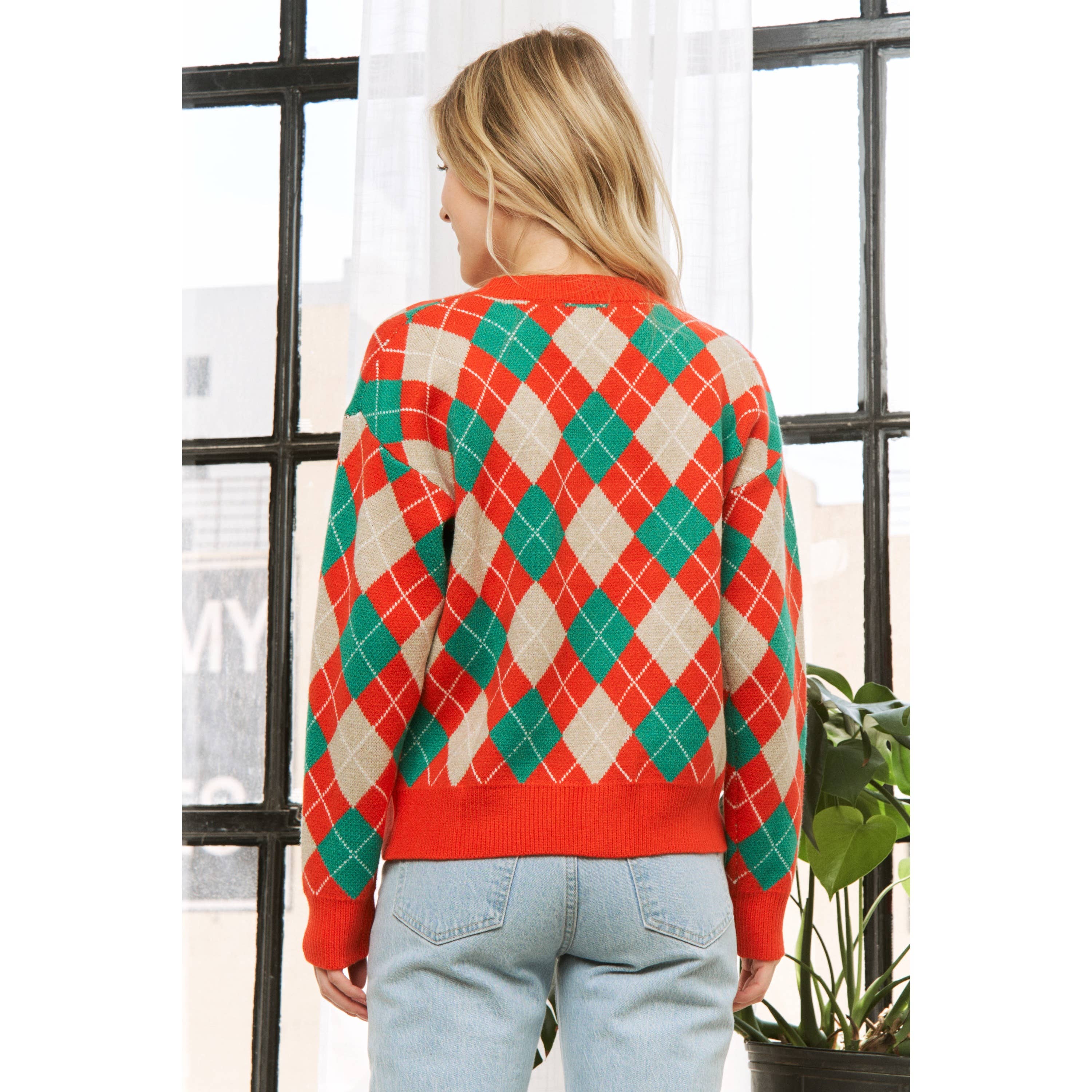 Sweet Generis - Wholesale Knit Sweater - Women's - HOLIDAY ARGYLE PATTERN DROP SHOULDER PULLOVER SWEATER9