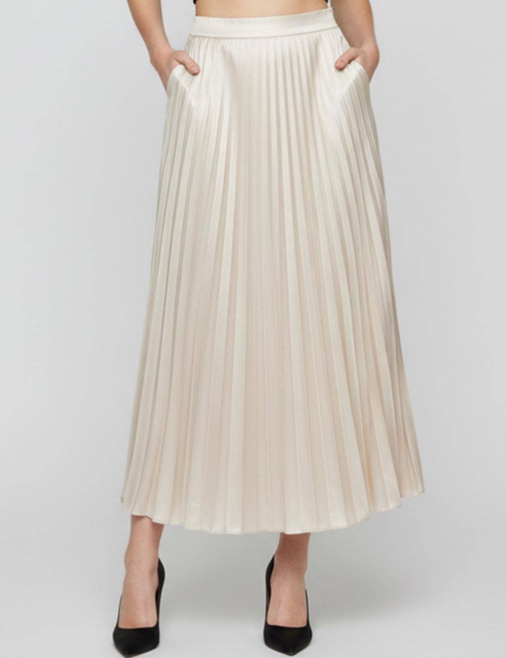 Sweetkama - Wholesale Skirt - Women's - Ladies Stain Solid Color Pleated Midi Skirt4