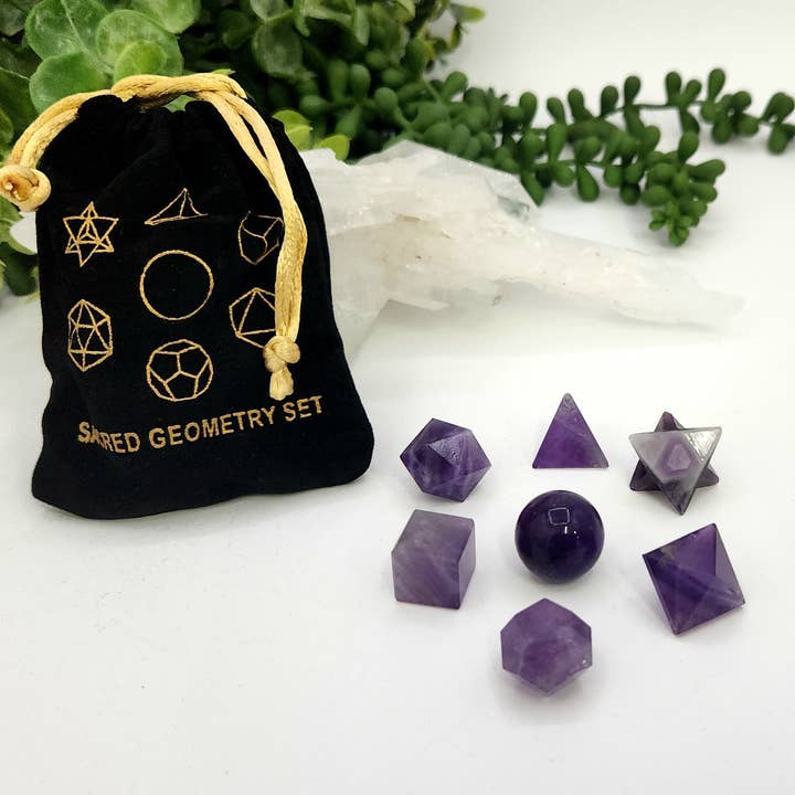 Meraki Gemstones - Wholesale Spiritual Stone/Crystal - Amethyst 7 piece Platonic Geometry Set with Velvet Bag 13