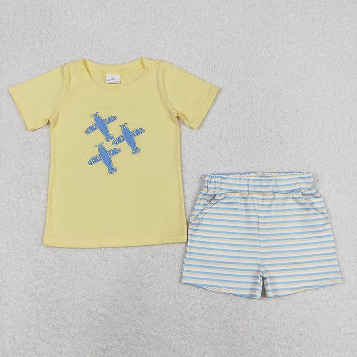 T-shirts à manches courtes pour bébés garçons, avions, ensembles de vêtements à rayures pour la vente par Aier Wholesale