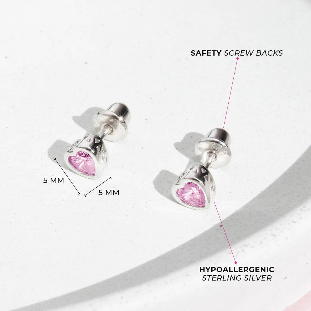 In Season Jewelry - Wholesale Earrings - Kids - CZ Birthstone Heart Toddler Kids Earrings - Sterling Silver50