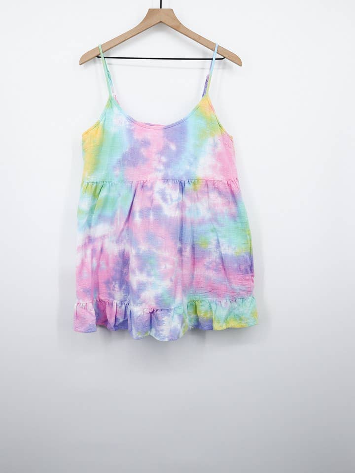 OG Pastel Rainbow Tie Dye Woven Strappy Tunic Dress for wholesale by Sugar Spill