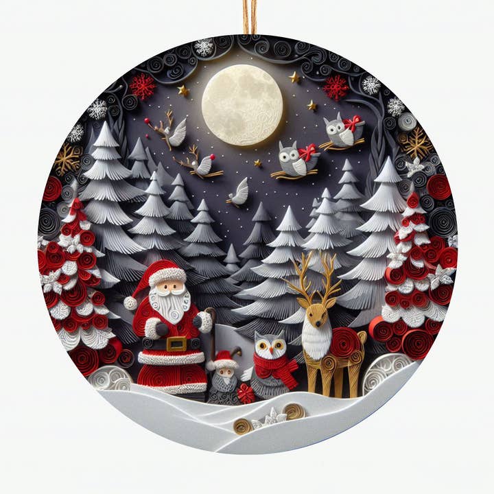 Santa Woodland Scene Ceramic Ornament - Handcrafted Christmas Tree Decor with Moonlit Forest, Reindeer, and Owls for wholesale by Epic Life  - Designed
