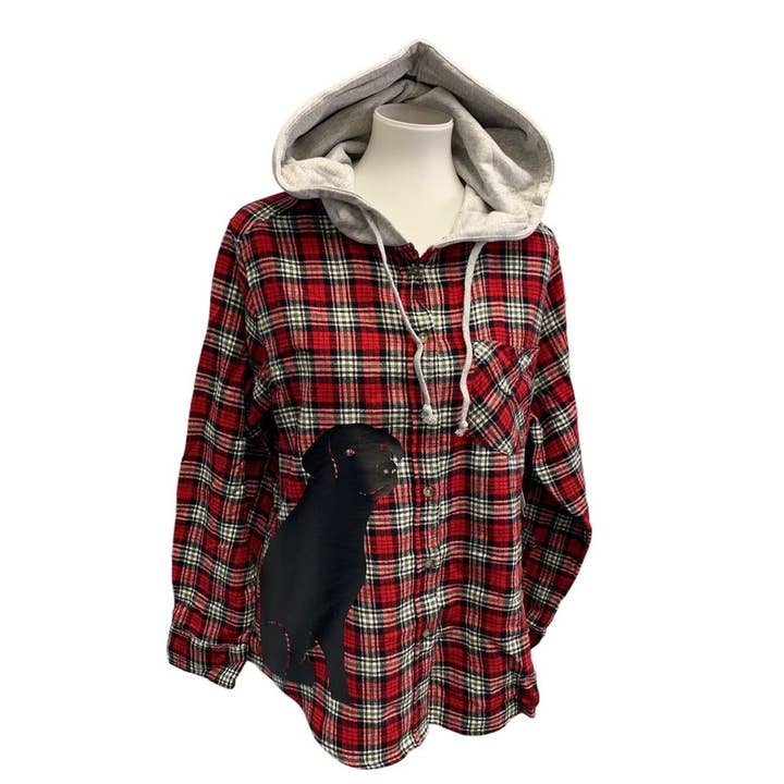 Sweat à capuche à carreaux à manches longues en forme de chien de laboratoire noir imprimé à la main pour femmes pour la vente par Revyntage