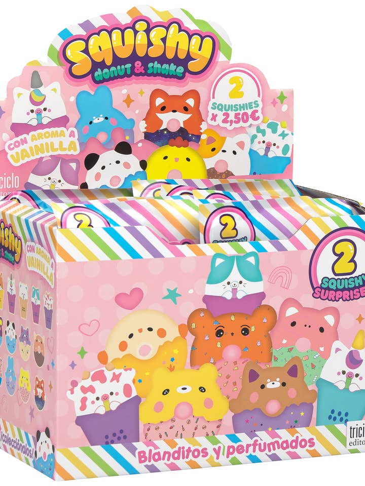 Squishy Donut & Shake - display of 8 bags for wholesale by Triciclo Editores