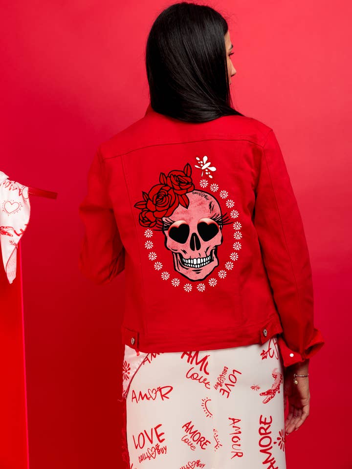 Women's Red Denim Jacket Skull Expressions for wholesale by Chill&Buy