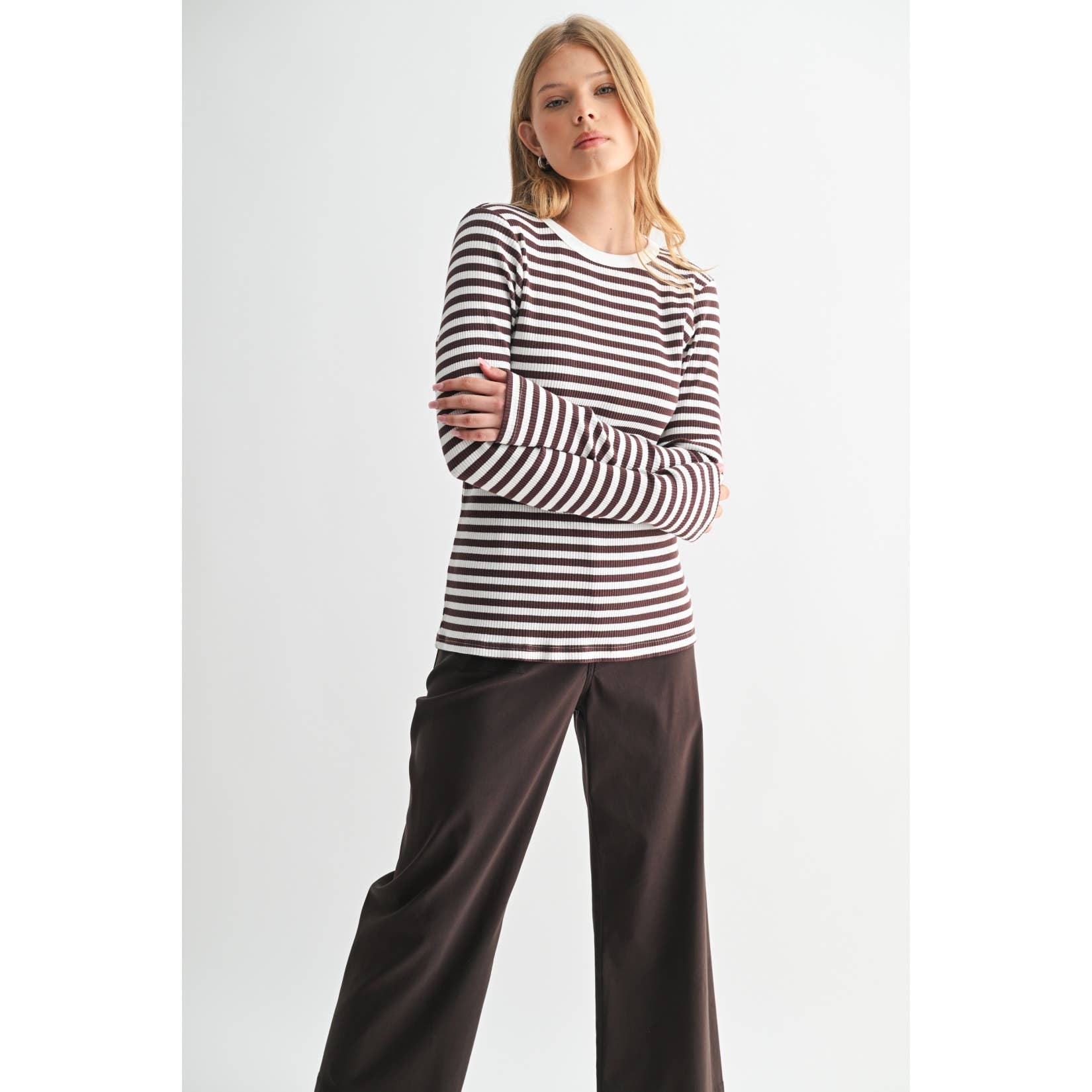 FUN2FUN – Top de malha - Mulher por atacado – TOP DE MALHA DE MANGA COMPRIDA A RISCAS23