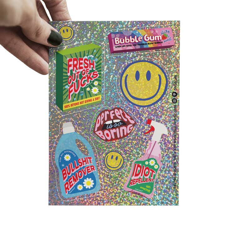 Folha de Autocolantes com Brilho – Frases Sorridentes e Sarcásticas por atacado de Studio Inktvis