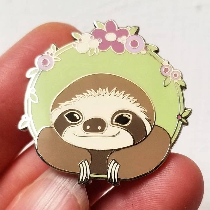 Happy Sloth Enamel Needle Minder for wholesale by Jessica Long Embroidery