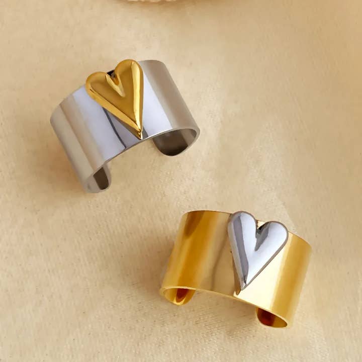 Sweet Cherry Sky - Wholesale Cocktail/Statement Ring - Solid Adjustable Mixed Jewelry Ring Silver and Gold Heart