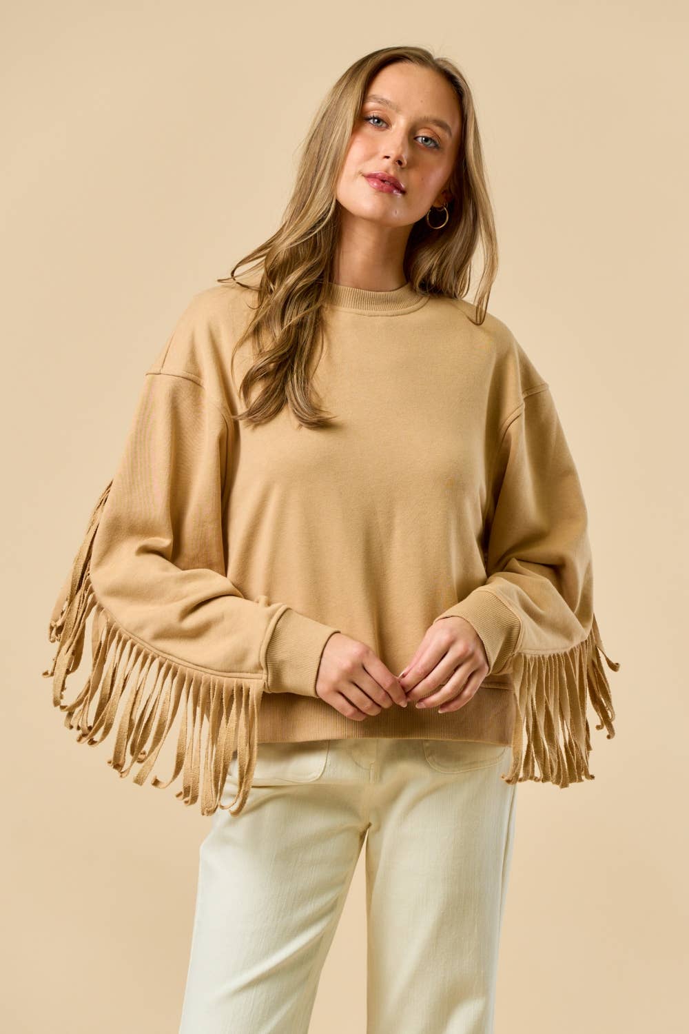 LT TAUPE ILT6356 Crew Neck Long Sleeve French Terry Top with Fringe for wholesale on Faire2