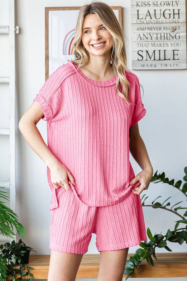 7th Ray - Wholesale Loungeset - Dames - Effen Getextureerde Korte Mouw Top en Korte Lounge Set TP54992