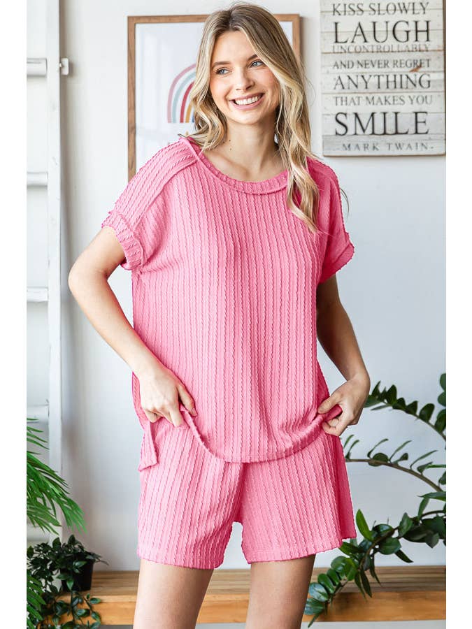 7th Ray - Wholesale Loungeset - Dames - Effen Getextureerde Korte Mouw Top en Korte Lounge Set TP54992