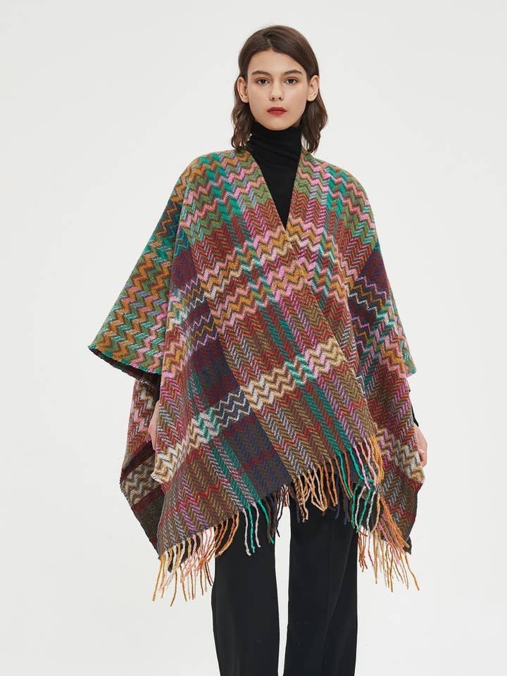 ePretty - Wholesale Poncho - Women's - Multi Color Chevron Printed Knit Wrap with Tassels Z1-PJP128