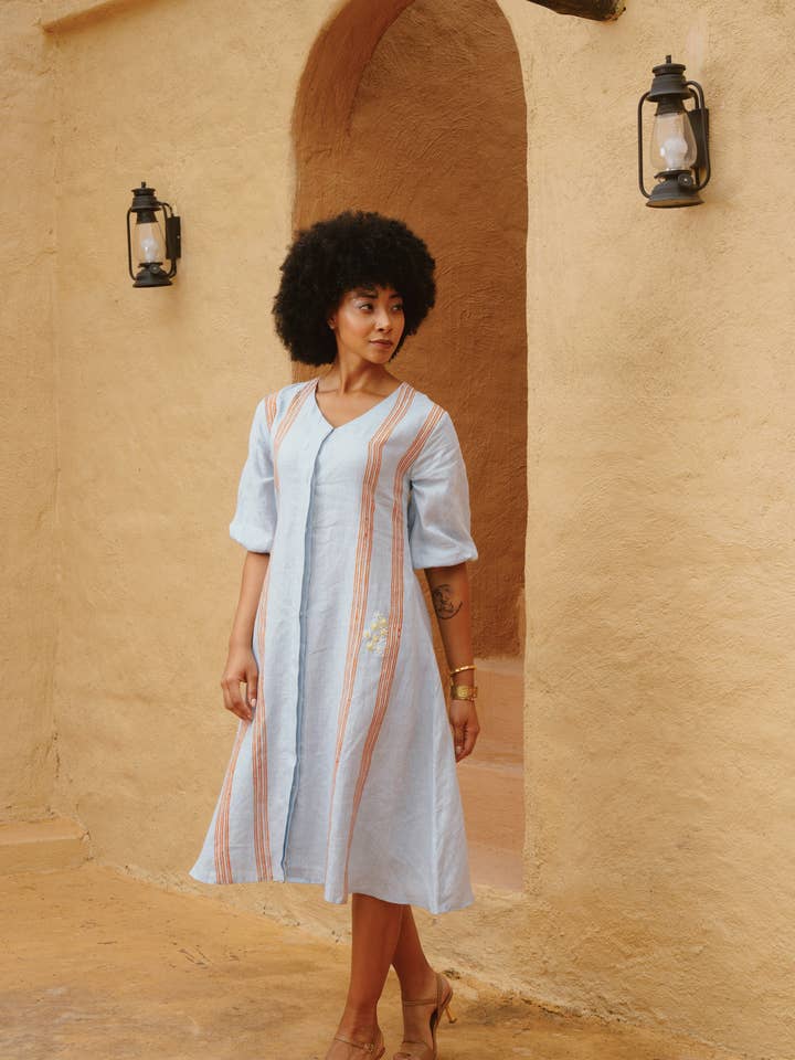 RHEA - Pulvrig Blå Randig Klänning - Inga Tullar för wholesale av Poetry in Stitches