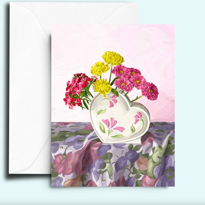 Flowers in Vintage Heart Shaped Vase Valentine Greeting Card for wholesale by Shannon Smith Artwork