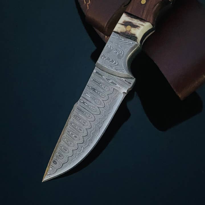 Titan International - Wholesale Pocket Knife/Holder - DAMASCUS STEEL FIXED BLADE KNIFE WITH WALNUT & STAG HORN HAN1